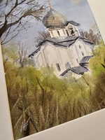 Картина авторская акварельная в паспарту 21х30 см на стену для интерьера "Церковь Петра и Павла с Буя. Псков"
