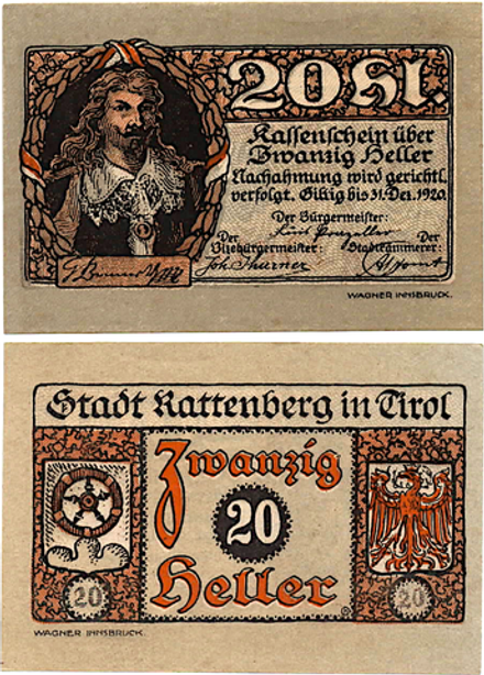 Австрия 20 геллеров 1920 Раттенберг aUNC