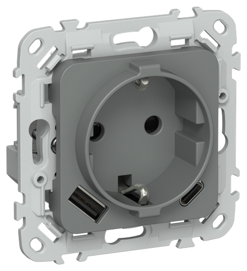 FLITE Розетка 1-местная с заземлением с защитными шторками 16А с USB A+C 20Вт РСЮшс11-0-ФлМА мокрый асфальт IEK