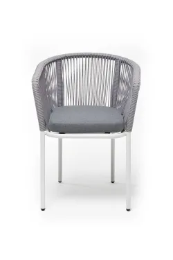 "Марсель" стул плетеный из роупа, каркас алюминий белый муар, роуп светло-серый круглый, ткань светло-серая