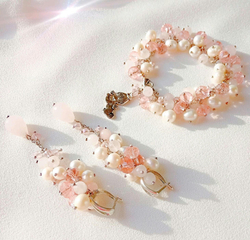 Длинные серьги грозди с розовым кварцем и жемчугом "В ожидании чуда"