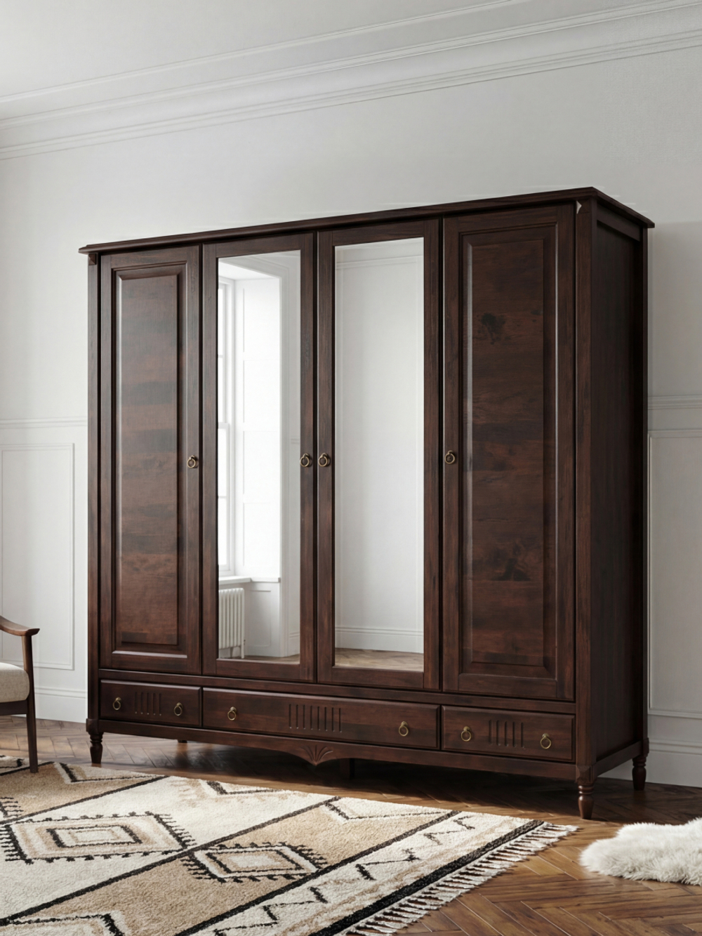 Шкаф 233х68х220, Джоли, распашной, 4 двери, с ящиками для одежды, из массива березы, коричневый, Makosa