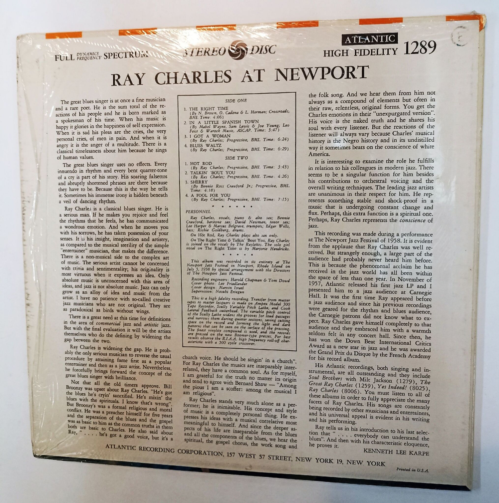 Винтажная виниловая пластинка LP Ray Charles Ray Charles At Newport (USA 1962)