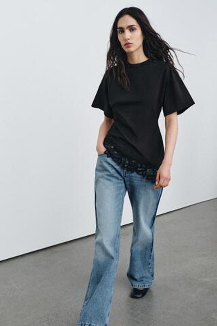 ZARA ФУТБОЛКА ИЗ ПЛОТНОГО ХЛОПКА С КРУЖЕВОМ, ЧЕРНЫЙ