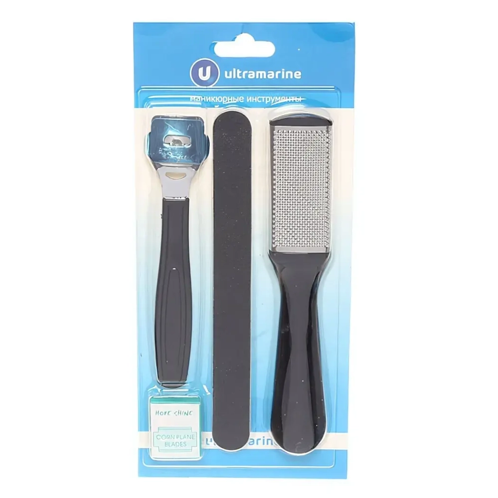 Педикюрный набор на блистере, 4 предмета «Ultramarine» (полировка наждачная, скребок для пяток, терка металлическая для ног и лезвия), 24*11 см✦