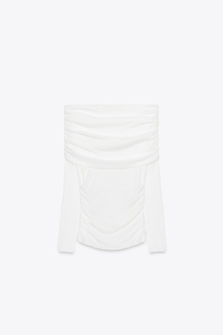 ZARA ФУТБОЛКА БЕЗ БРЕТЕЛЕЙ СО СБОРКАМИ, ЖЕЛТОВАТО-БЕЛЫЙ