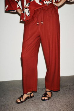 ZARA БРЮКИ ИЗ ЛЬНА СО ШНУРКОМ И БУСИНАМИ, ЧЕРЕПИЧНЫЙ