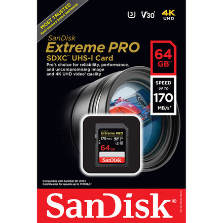 Карта памяти SanDisk Extreme Pro SDXC 64GB UHS-I U3 V30, R/W 170/90 МБ/с