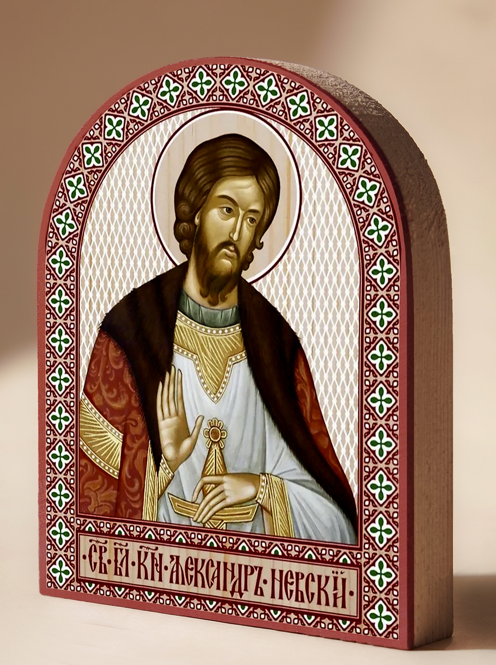 Икона аркой Александр Невский, блг. князь на дереве: 95 х 120 (Синопсисъ)