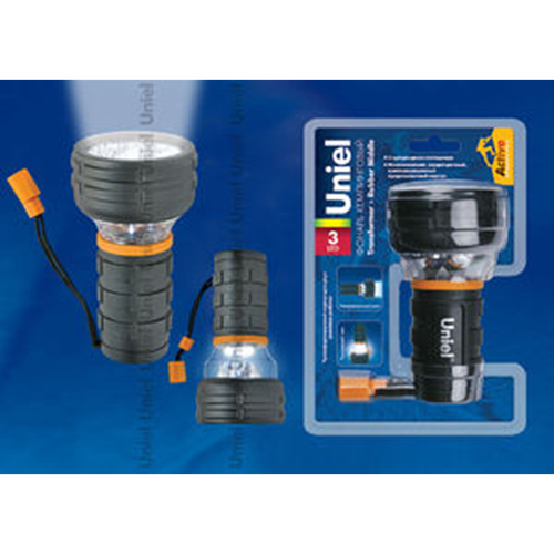 S-TL011-C Black Фонарь Uniel серии Стандарт «Transformer - Rubber Middle», прорезиненный корпус, 3 LED, упаковка — кламшелл, 3хAA н/к, цвет - черный