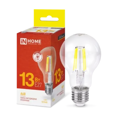 Лампа светодиодная LED-A60-deco 13Вт 230В Е27 3000К ТЕПЛЫЙ 1370Лм прозрачная IN HOME