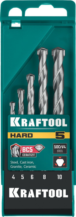 KRAFTOOL Hard, 5 шт: 4-5-6-8-10 мм, набор сверл по по твёрдым материалам (29177-H5)