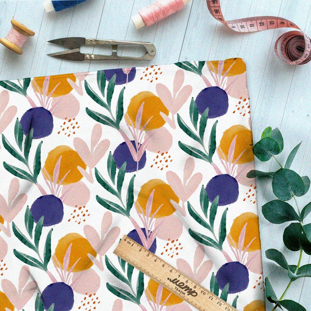 Ткань оксфорд 210 цветные круги и листва на белом фоне