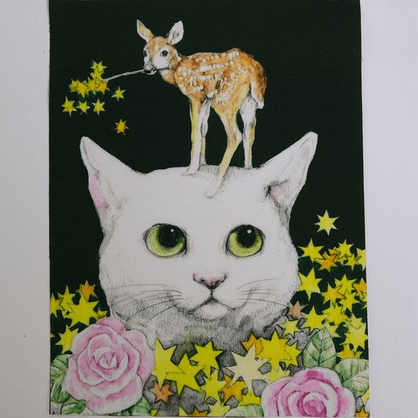 КОТ С ОЛЕНЕНКОМ, панно, холст 20 / 15 см 1