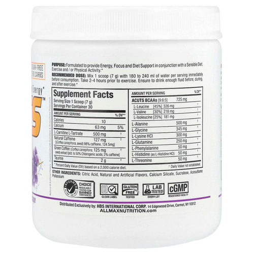 ALLMAX, ACUTS ™, Energy-Charged Energy, виноград, 210 г (7,4 унции)