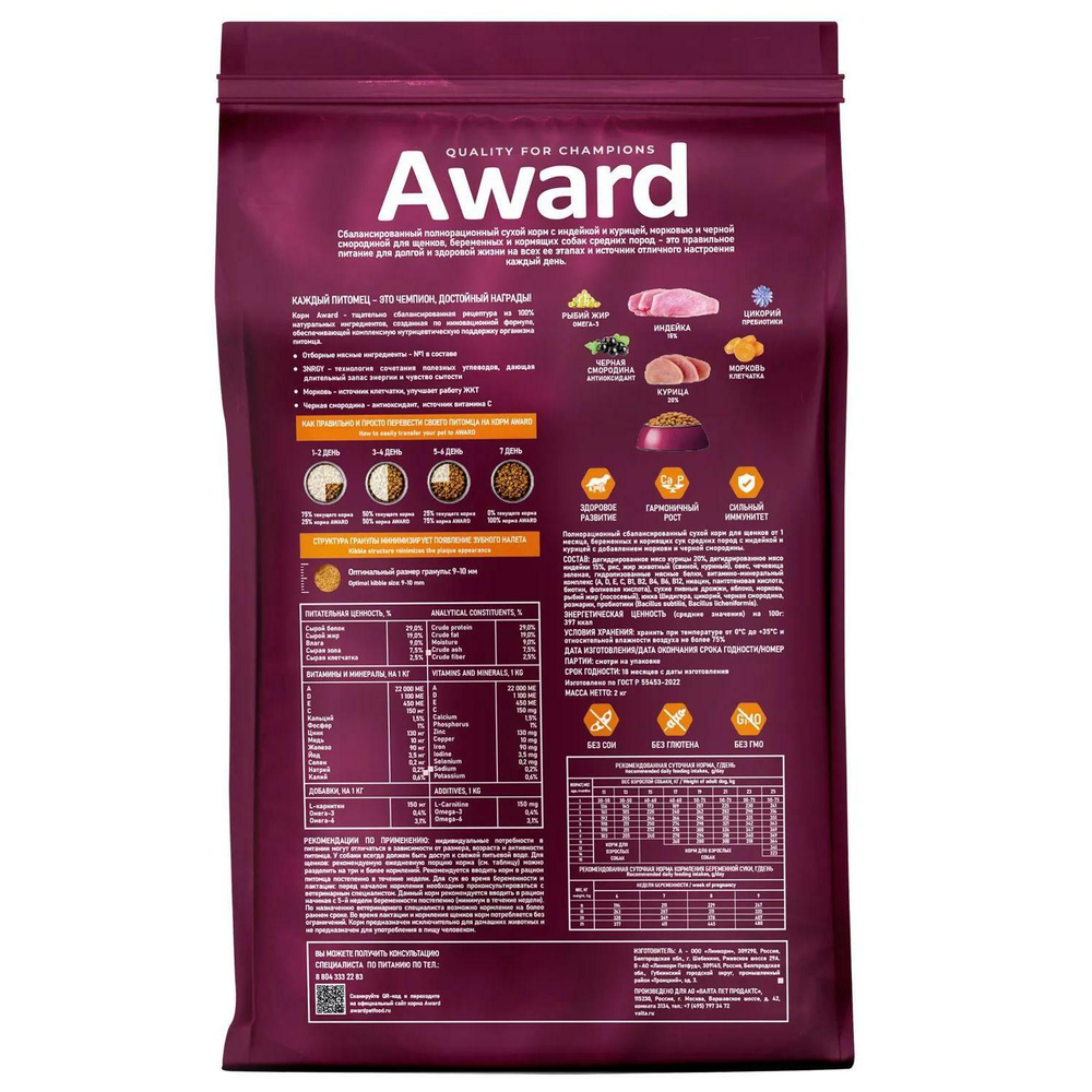 Корм  для щенков AWARD, 2 кг, индейка и курица
