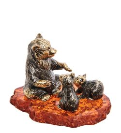 Народные промыслы AM-3036 Фигурка «Медведица с малышами» (латунь, янтарь)