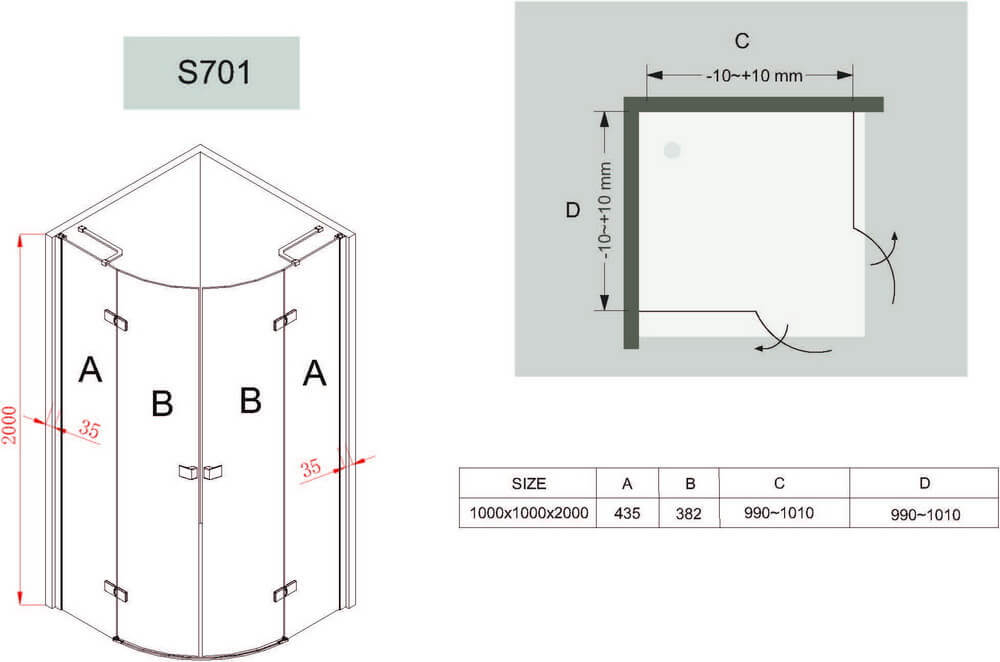 Душевое ограждение B&W S701 (1000х1000х2000)
