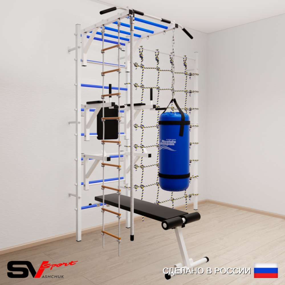 Шведская стенка Sv Sport 56530 (Турник рукоход/Брусья/Стойка/Скамья/Канат/Лестница/Цепь/Мешок 30кг/Канатный лаз)