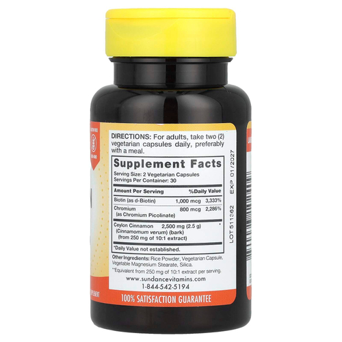 Sundance Vitamins, Ультрацейлонская корица с хромом и биотином, 60 вегетарианских капсул