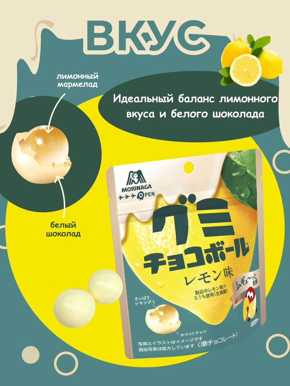 Мармелад в белом шоколаде со вкусом лимона, Morinaga, 47 г