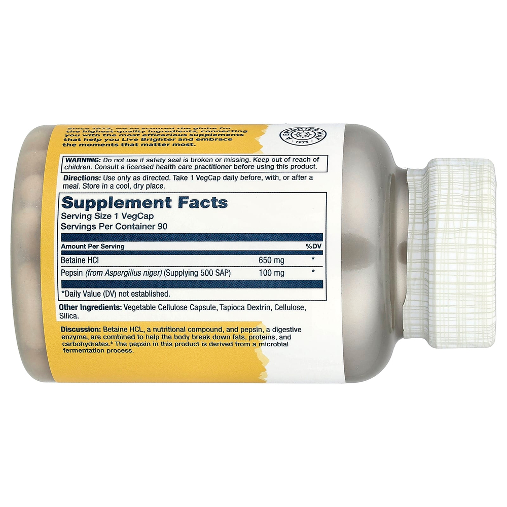 Solaray, Бетаин гидрохлорид с пепсином, 90 растительных капсул