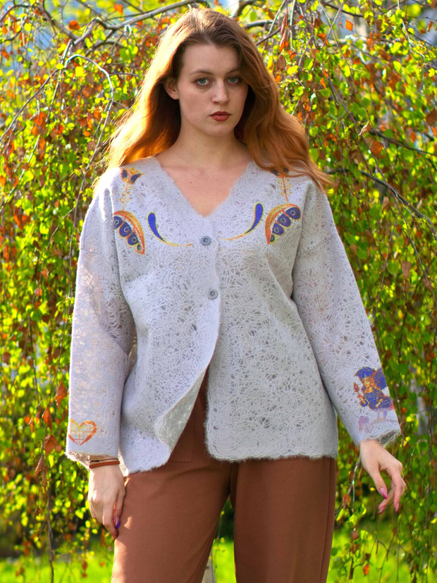 Шерстяной жакет "Синие травы", по мотивам старинных русских узоров