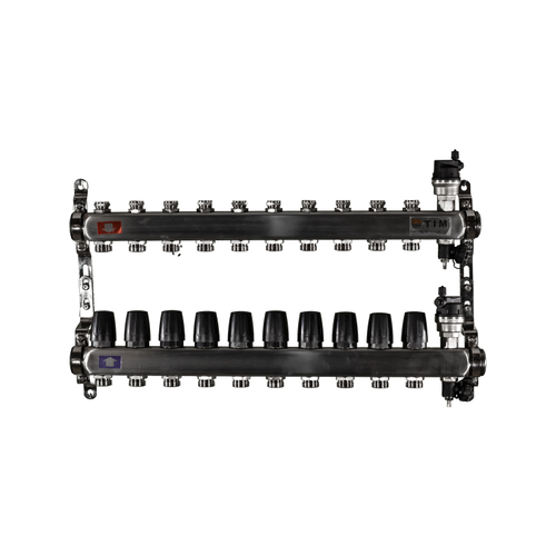 Коллектор из нержавеющей стали для отопления без расходомеров TIM 1" - 3/4" Евроконус - 10 выходов