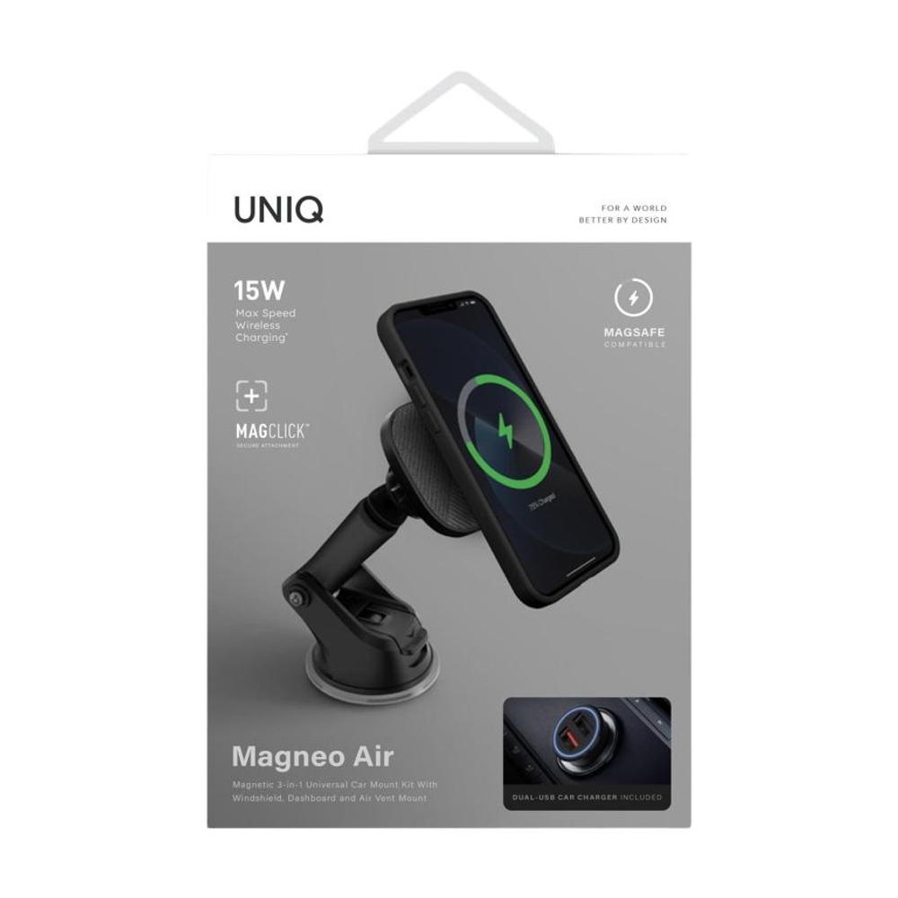 Автомобильный держатель MagSafe с беспроводной зарядкой Uniq Magneo Air Беспроводная зарядка: Qi 15 Вт. Устанавливается на вентиляционную решётку, приборную панель или лобовое стекло