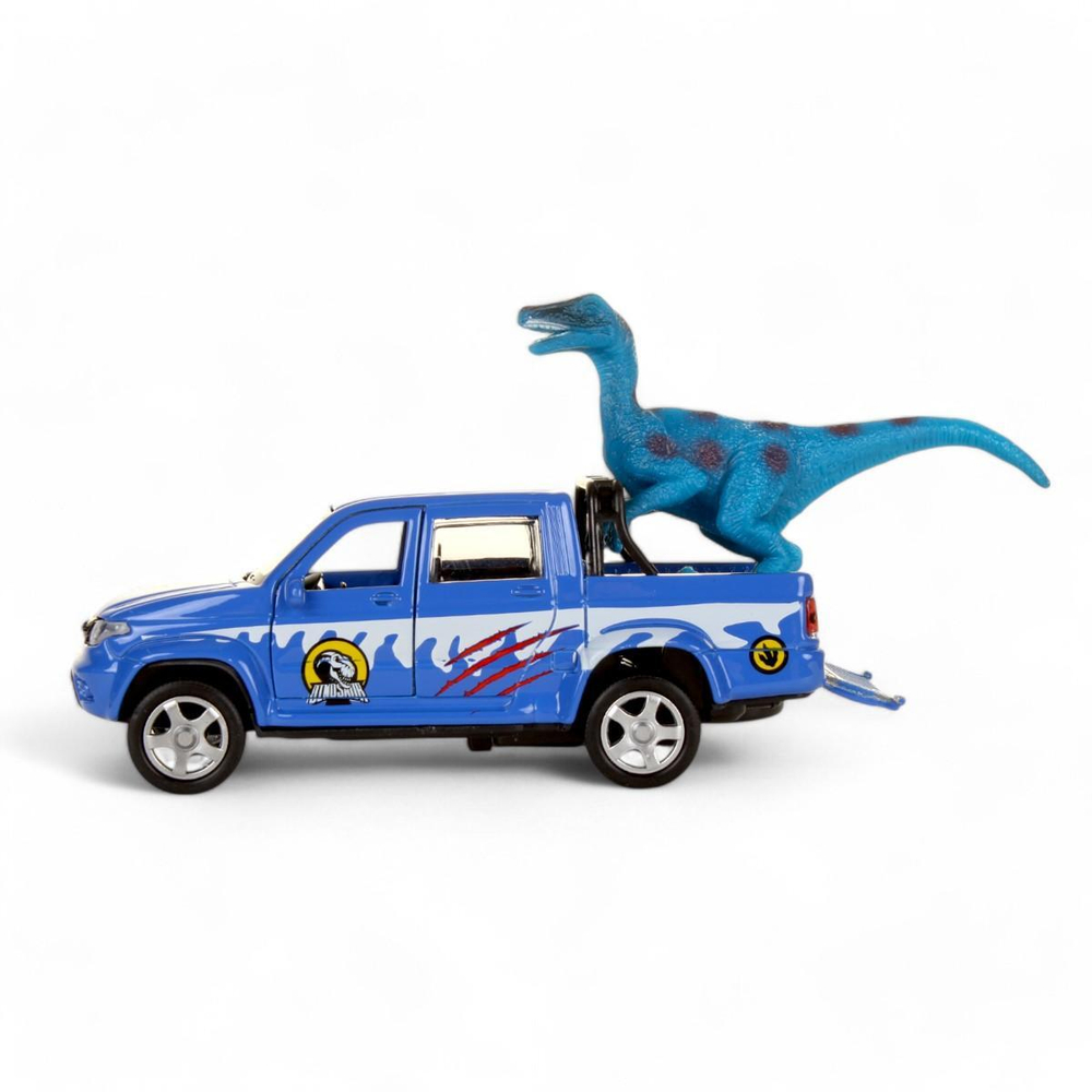 Модель ин. мет. "УАЗ Pickup снежный" 12см.двери, багаж, динозавр, коробка PICKUP-12SNOW-DINO (Технопарк)