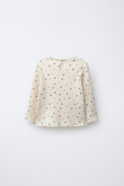 ZARA ФУТБОЛКА С ЦВЕТОЧНЫМ РЕЛЬЕФОМ, ЭКРЮ/СИНИЙ