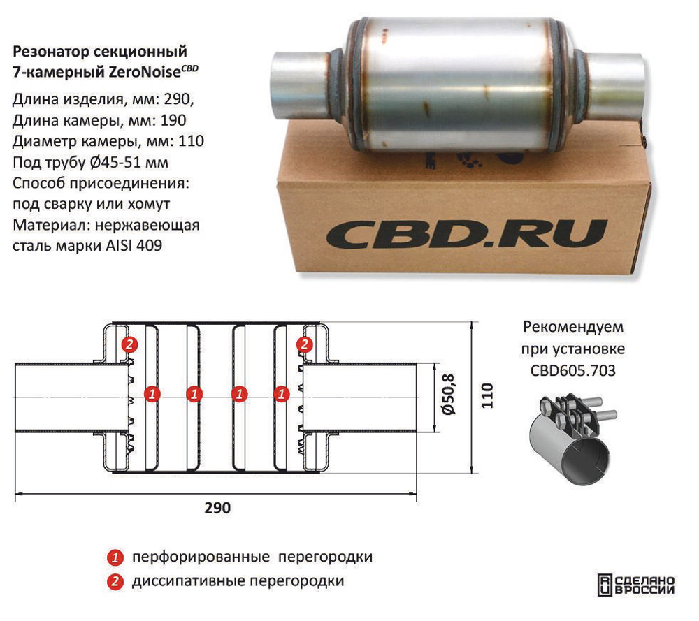 Резонатор ZeroNoise под трубу D50 Нержавеющий AISI 409 CBD512100