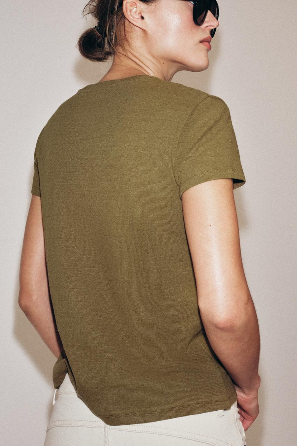 ZARA ФУТБОЛКА ИЗ ЛЬНА И ХЛОПКА С КОРОТКИМИ РУКАВАМИ, ОЛИВКОВЫЙ