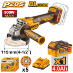Аккумуляторная угловая шлифовальная машина (УШМ) INGCO CAGLI261521 INDUSTRIAL 20 В 115 мм 1х4 Ач
