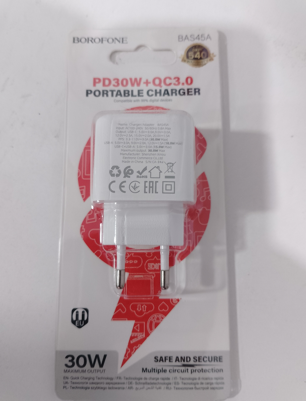 Сетевое зарядное устройство 1 USB, 1 Type-C Borofone BAS45A Potential, пластик, PD30Вт, QC3.0, цвет: белый