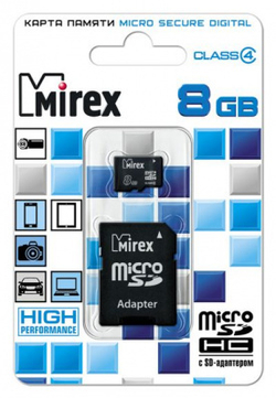 Карта памяти 8GB Class 4 MIREX +SD adapter