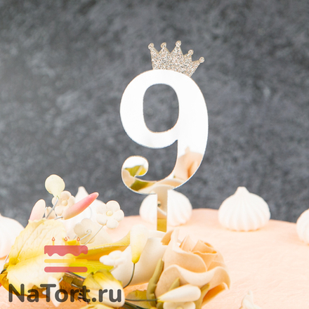 Топпер акриловый  «Цифра 9» (6,2 см, серебряный)