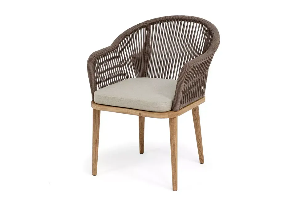 "Лион" стул плетеный из роупа, основание дуб, роуп коричневый круглый, ткань бежевая 15052