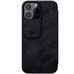 Кожаный чехол книжка от Nillkin для iPhone 13 Pro, черный цвет, серия Qin Pro Leather с защитной шторкой для камеры