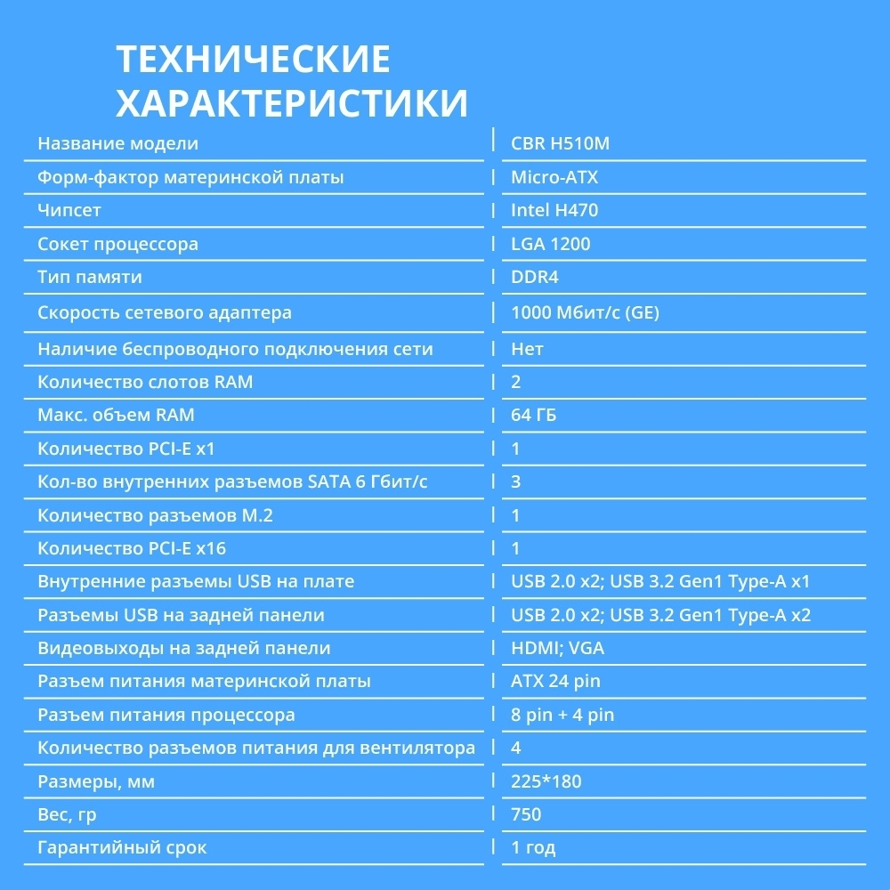 Материнская плата CBR H510M (Chipset 470, Socket 1200, 2*DDR4, mATX, VGA+HDMI, 1*PCIEx16,1*PCIEx1,1*M.2 (PCIe NVMe Gen3 x4), 3*SATA3, 2*USB2.0 + 2*USB3.0, LAN 1Gb)