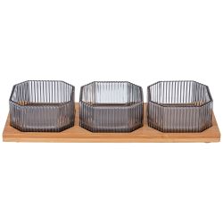 НАБОР ЕМКОСТЕЙ ИЗ 3-Х ШТУК "PERFO SMOKY" 8,5*4СМ НА БАМБУКОВОЙ ПОДСТАВКЕ