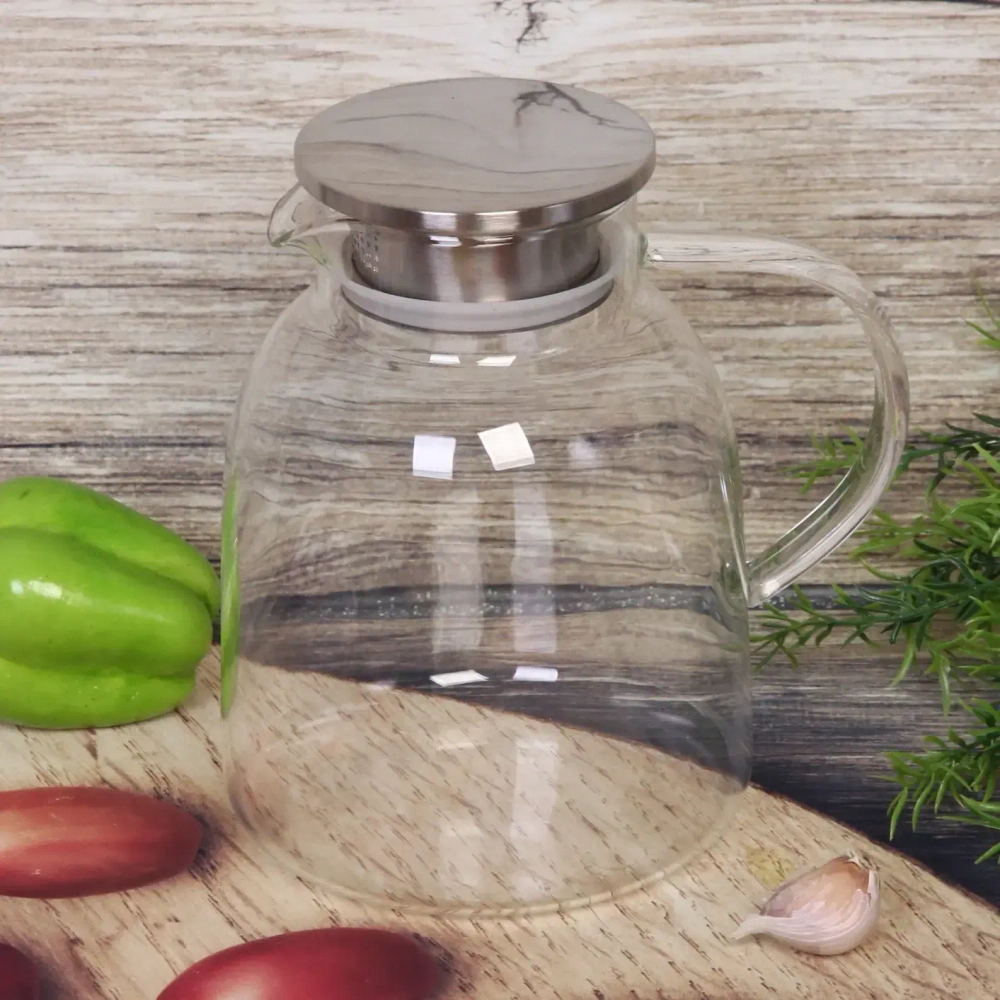 Кувшин стеклянный 1800мл «Хай-Тек» с металлической крышкой, круглая ручка.