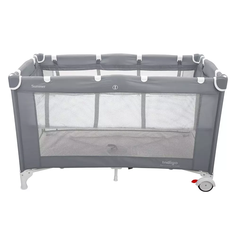 Манеж-кровать "Summer", 2 уровня, москитка, 2 кольца, (Indigo) (серый)
