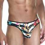 Стильные черно-белые трусы-тонги с принтом в виде цветов и цепей (Размер: M) (Цвет: разноцветный)