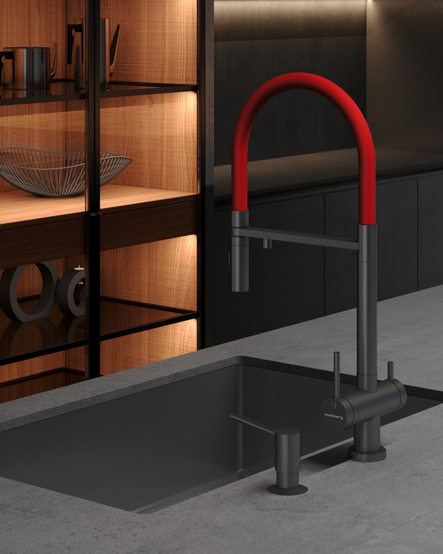 Смеситель для кухни Abelsberg Venta IXF73979GM c гибким изливом и возможностью подключения фильтра для воды, цвет космическая сталь, PVD покрытие