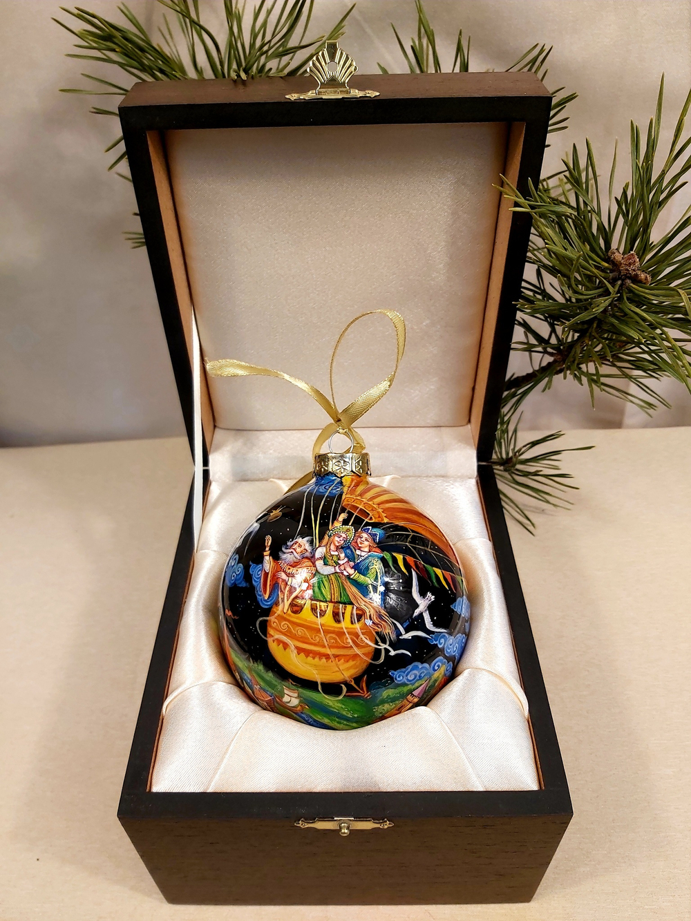 Шар новогодний (круговая роспись Палех) Волшебный корабль в футляре