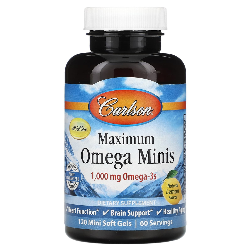 Carlson, Maximum Omega Minis, омега-3, натуральный лимонный вкус, 1000 мг, 120 миникапсул (500 мг в 1 капсуле)