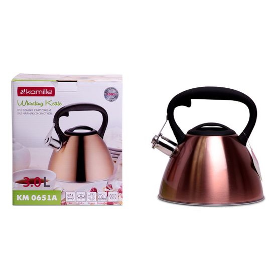 Чайник 3 л. из нержавеющей стали со свистком Kamille KM 0651A (бронзовый) и черной бакелитовой ручкой
