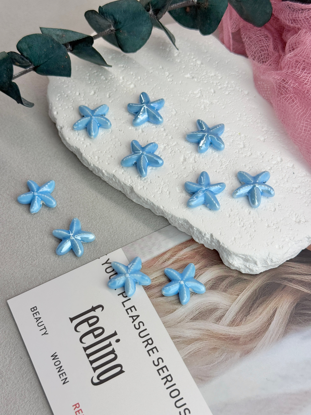 Керамические бусины "Морская звезда", голубой 18 мм, 10 штук