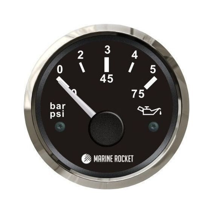 Указатель давления масла 0-5 бар, черный циферблат, нержавеющий ободок, д. 52 мм, Marine Rocket